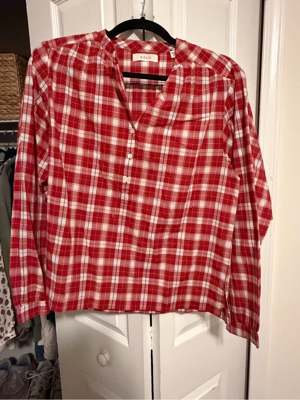 Doen Red and White Plaid Button-Front Blouse